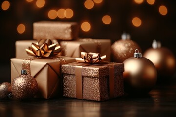 A collection of beautifully wrapped bronze gifts adorned with sparkling bows, set against a backdrop of warm, glowing lights, perfect for the holiday season.