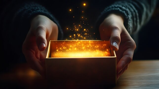 Surprise Gift Box Reveal: A pair of hands opening a mysterious gift box, with a glowing light emanating from inside.
