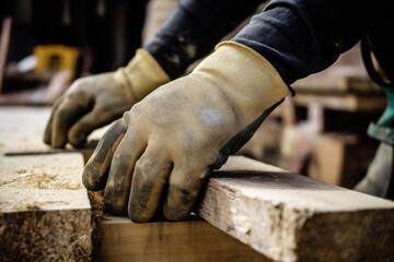 Closeup of Hands in Work Gloves Sanding Wood