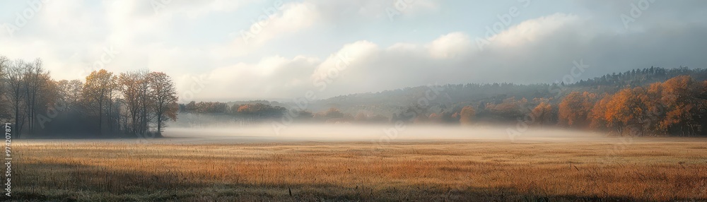 Poster cloudy horizons over an autumn field, soft light diffusing through layers of mist, cloudy horizons, 