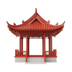 Fototapeta premium ancient chinese red architecture Pavilion gate structure isolated on white background.