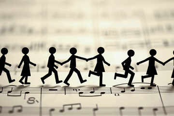 Stick figure walking hand in hand, on sheet music. People attending a musical festival. Concept of happy fun song, melodic crowd pleaser, harmonious symphony, composing joyful tune, unity thru music.
