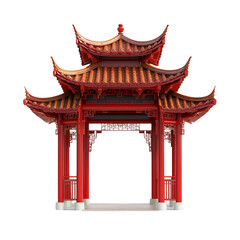 ancient chinese red architecture Pavilion gate structure isolated on white background.