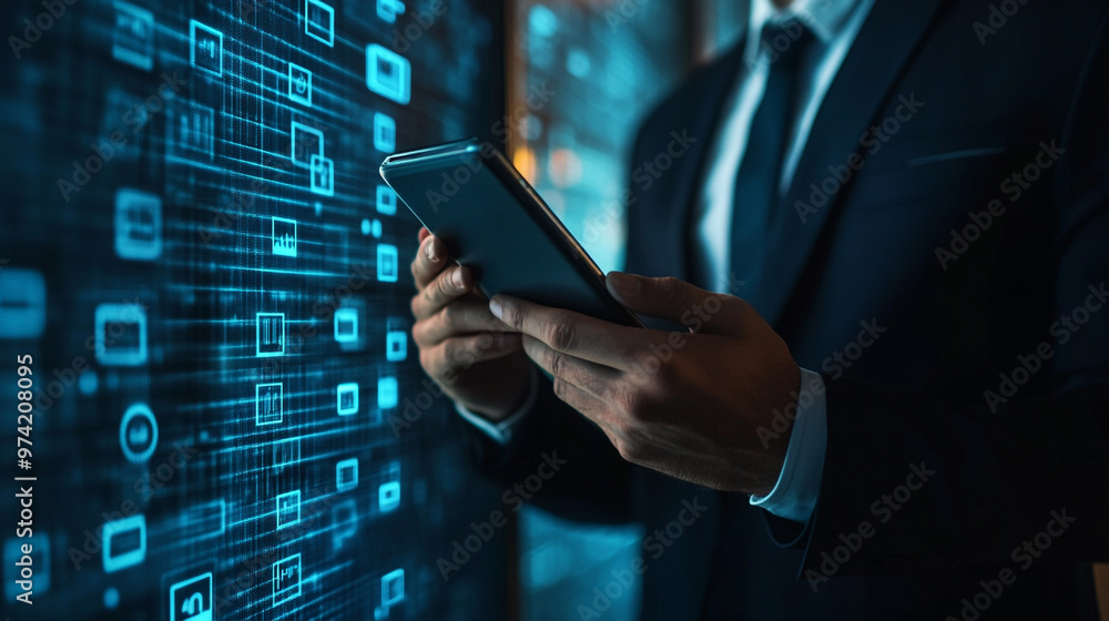 Poster business professional using smartphone while reviewing data analytics in a modern office environment