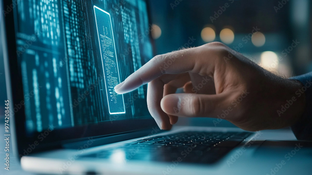 Poster user interacts with a digital display on a laptop in a modern workspace during evening hours