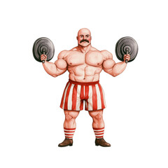 A strong man with a mustache lifting weights, showcasing fitness and strength in a vibrant and colorful design.