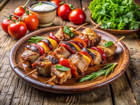 Juicy skewers of marinated pork and vegetables, grilled to perfection, sit atop a traditional ceramic plate, surrounded