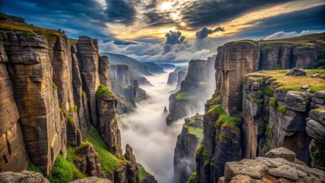Large, deep chasm in rugged landscape with steep cliffs, rocky outcrops, and misty atmosphere, evoking a sense of