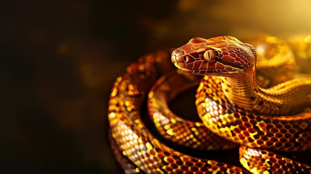 Captivating close-up of a beautifully patterned python coiled in a warm, golden light