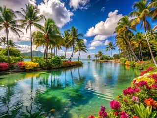 Obraz premium Lush tropical paradise with swaying palm trees, vibrant flowers, and crystal-clear waters surrounds a picturesque