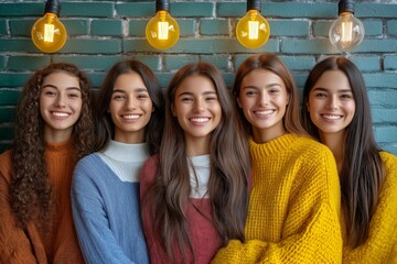 Three smiling friends holding glowing light bulbs, showcasing unity and inspiration, with a warm and cozy ambiance, symbolizing bright ideas and positive energy.