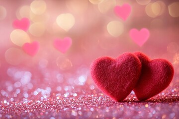 Fototapeta premium Two red hearts placed together on a sparkly surface. They symbolize love and affection, perfect for romantic themes. This image captures tenderness and beauty. Generative AI