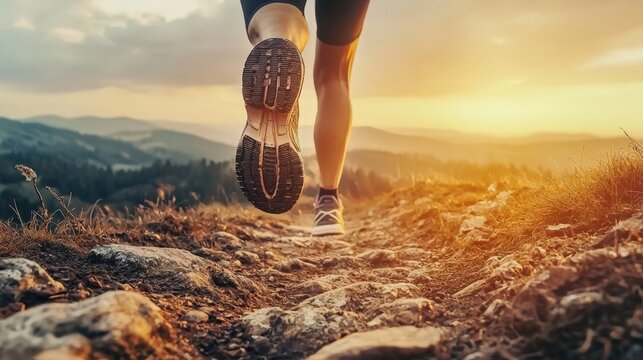 31081541 21 Runner's perspective of a trail marathon, heart rate data and terrain elevation visualized in augmented reality style, golden hour lighting