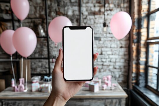 Stylish woman holding a smartphone with a blank screen, surrounded by pink balloons, creating a feminine, modern, and festive vibe perfect for celebrations or announcements.