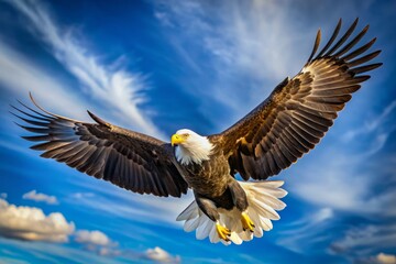 Fototapeta premium Magnificent bald eagle soars through a bright blue sky, its broad wings spread wide, feathers glistening, and sharp