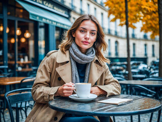 A stylish young woman, dressed in a trench coat and scarf, enjoys a warm cup of coffee at a Parisian café on a crisp autumn day. The golden leaves and the cozy ambiance create a serene atmosphere 