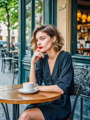 A stylish woman with bold red lipstick sits at a Parisian caf&eacute;, enjoying a cup of coffee. Dressed in a chic black outfit, she gazes thoughtfully, embodying the elegance of Parisian fashion. 