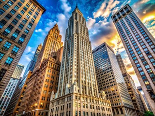 Obraz premium Majestic Art Deco skyscraper with intricate stonework and gleaming windows dominates the Financial District's bustling