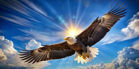 Fototapeta premium Majestic bald eagle soars against a brilliant blue sky with outstretched wings, feathers glistening in the sunlight,