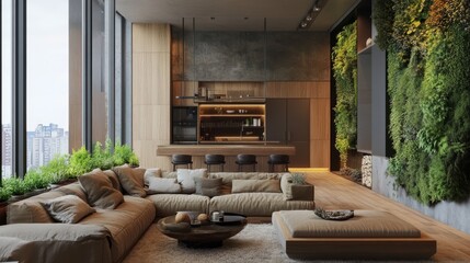 Green living spaces with organic materials and earthy tones,
