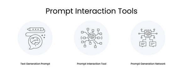 Prompt Interaction Tools - Icons Representing: Prompt Interaction Tool, Prompt Generation Network, Text Generation Prompt. These icons are designed to visually represent prompt interaction tools.