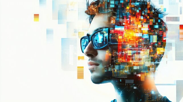 A man wearing glasses with a futuristic digital overlay on his face.