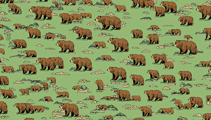 illustration of bears animals in nature. Big trees and forest. Repeated and decorative designs are used for packaging, decorating, interior design, wallpapers, banners