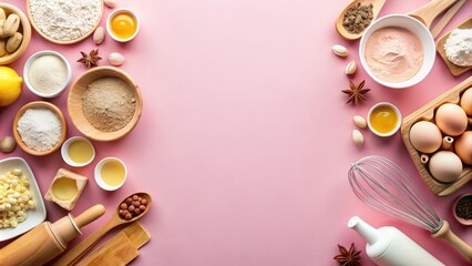 Flat lay of baking and cooking ingredients on a pink background