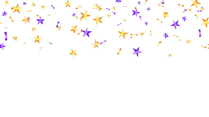 Abstract celebration background banner with falling bright confetti stars purple and yellow color