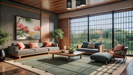 Minimalist, japandi interior design of modern living room.
