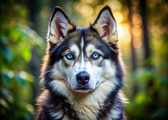 Obraz premium Majestic canine hybrid with piercing blue eyes and wolf-like features, showcasing a striking mix of husky and German