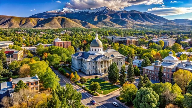 Majestic buildings and lush trees surround the Nevada State Capitol's stunning dome, set amidst Carson City's charming