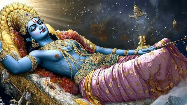 Lord Vishnu Resting on Sheshnag in the Cosmic Ocean with Divine Light