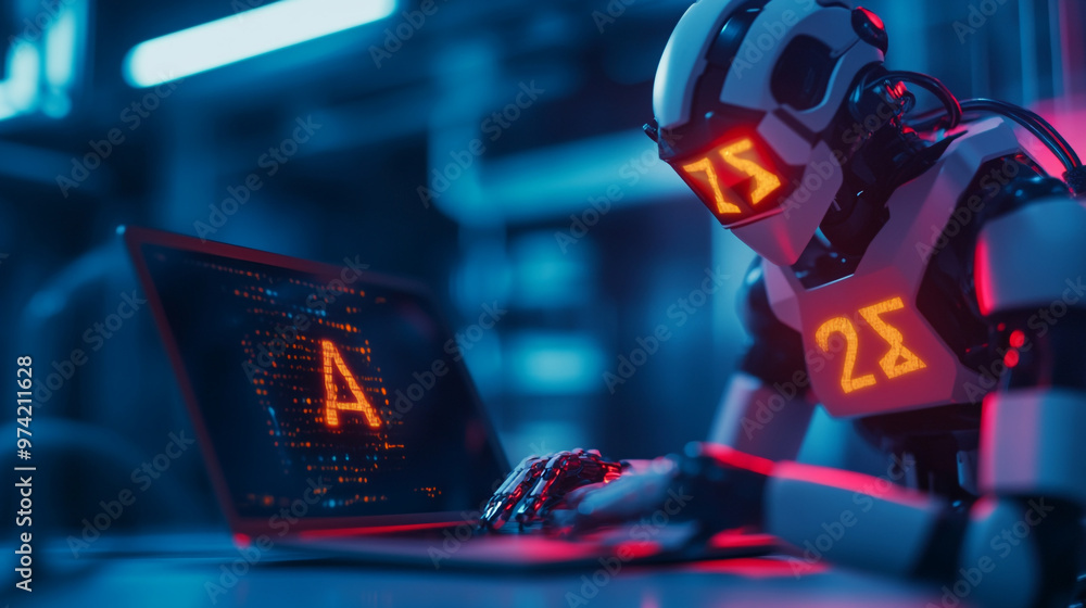 Poster a futuristic robot working on a laptop in a high-tech lab with glowing displays during nighttime hou