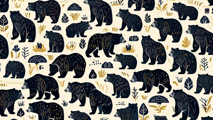 illustration of bears animals in nature. Big trees and forest. Repeated and decorative designs are used for packaging, decorating, interior design, wallpapers, banners