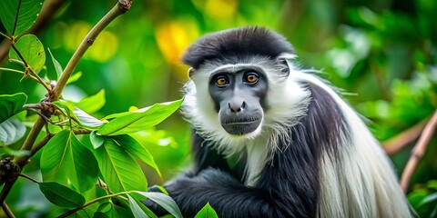 Obraz premium Majestic colobus monkey perches on a lush green branch, its thick fur a striking contrast to the vibrant
