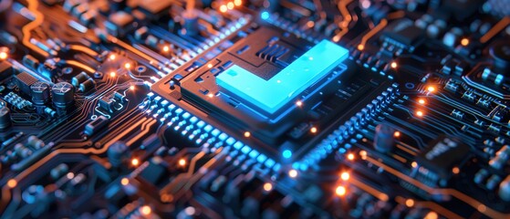 Obraz premium Illuminated blue checkmark on a circuit board