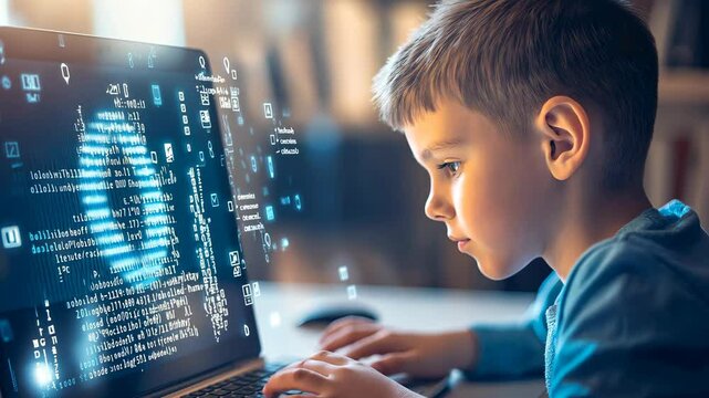 Young Boy Focused on Learning Computer Programming with Futuristic Interface