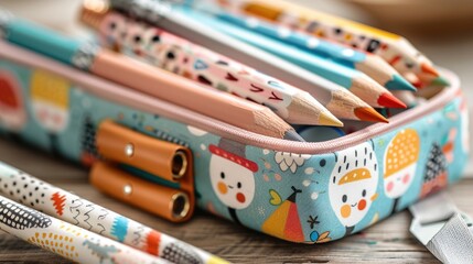 Obraz premium Pencil case with cartoon characters open, displaying a variety of highlighters, pens, and pencils, each featuring distinct patterns and designs.