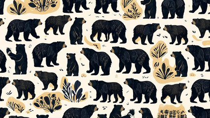 illustration of bears animals in nature. Big trees and forest. Repeated and decorative designs are used for packaging, decorating, interior design, wallpapers, banners