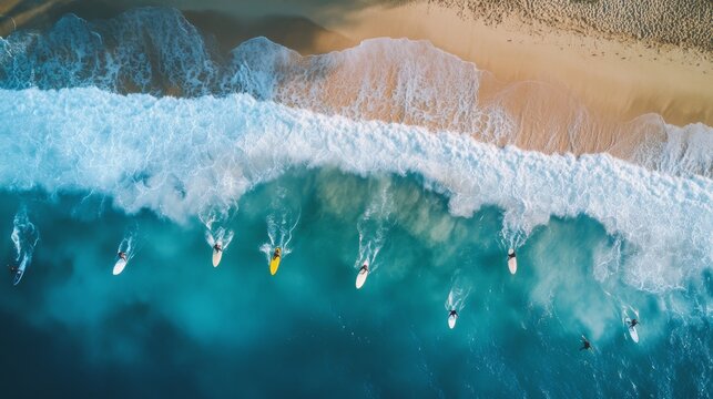 Group of surfers paddling out to catch waves on a Hawaiian beach