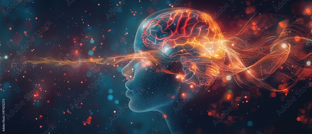 Poster a profile of a human head with a brain illuminated by neural networks and data streams