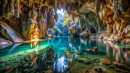 Naklejka premium In a hidden world, towering limestone formations rise from the crystalline waters of an underground river, shrouding