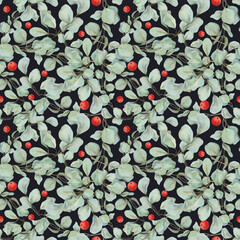 Eucalyptus laurel branches, leaves with red berries. Watercolor hand drawn illustration, seamless pattern isolated on dark. Xmas, happy new year festive, noel navidad. Print paper, textile, fabric
