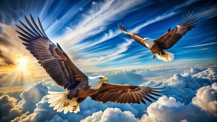Fototapeta premium Majestic eagles spread wings, soar against brilliant blue sky with fluffy white clouds, freedom and power emanating