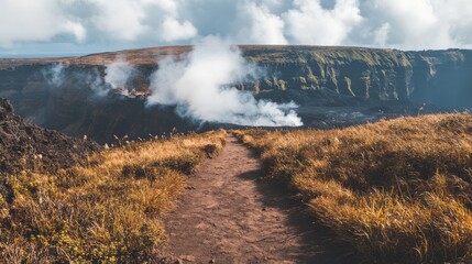 Hiking trail leading up to a volcanic crater in Hawaii with steam rising