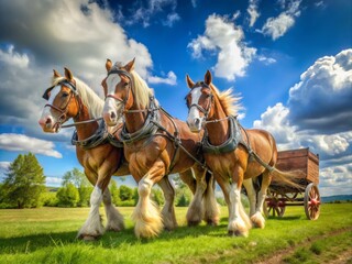 Majestic draft horses with feathery legs and powerful muscles pull a rustic wooden wagon through a lush green