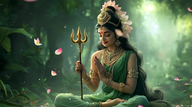 Hindu Goddess Parvati Meditating in a Forest with Lotus Flowers