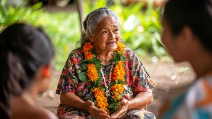 Indigenous Hawaiian elder sharing stories with a small group in a traditional setting
