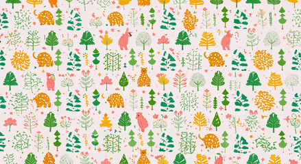 illustration of bears animals in nature. Big trees and forest. Repeated and decorative designs are used for packaging, decorating, interior design, wallpapers, banners